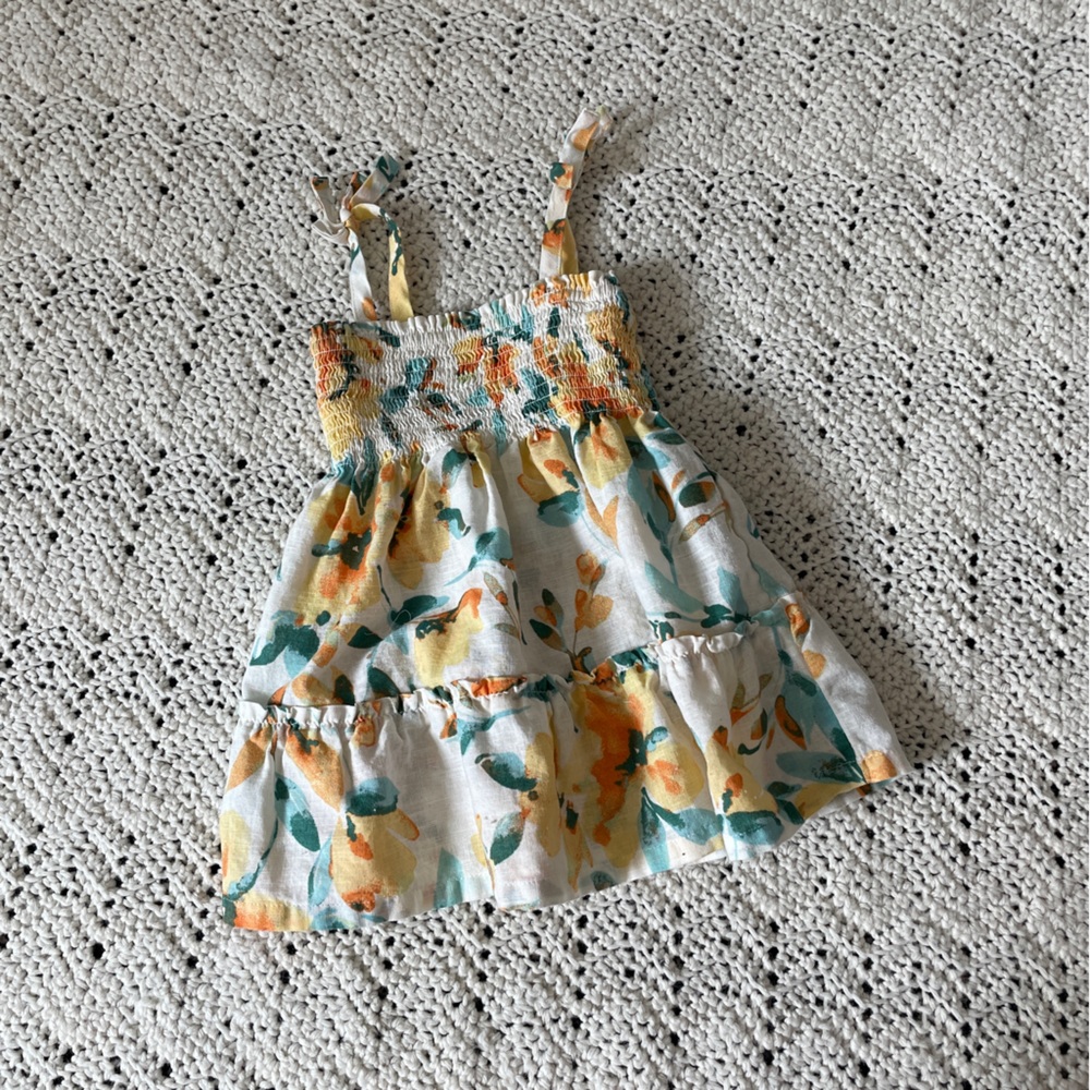 Baby Gap Linen Cotton Smocked Strapless Watercolor Print Dress White (18-24 M)